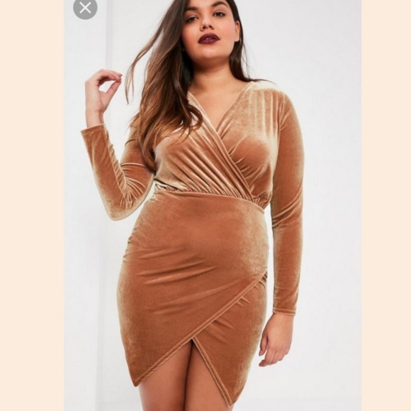 Missguided + Dresses & Skirts - Tan Velvet Wrap dress